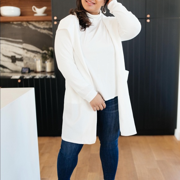 Hooded and Laced Waffle Knit Cardigan in Off White - Picture 9 of 11